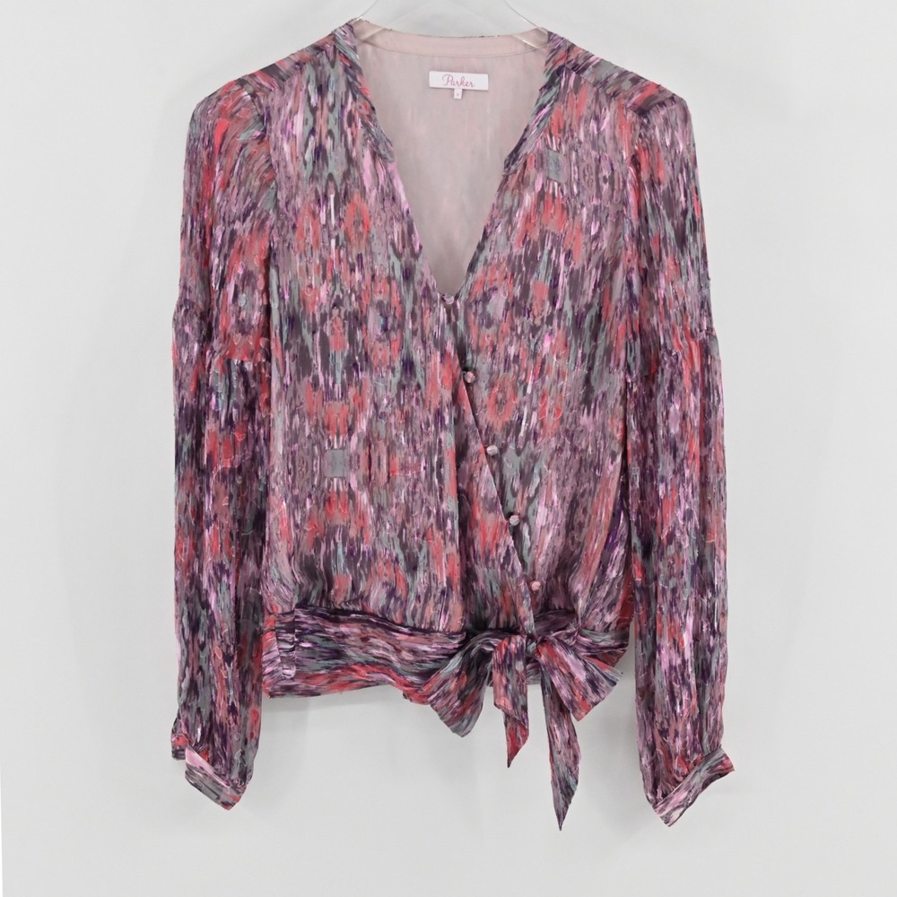 Parker Niko Silk Top Womens Size S Pink Batik Abstract Ikat Blouse Long Sleeve